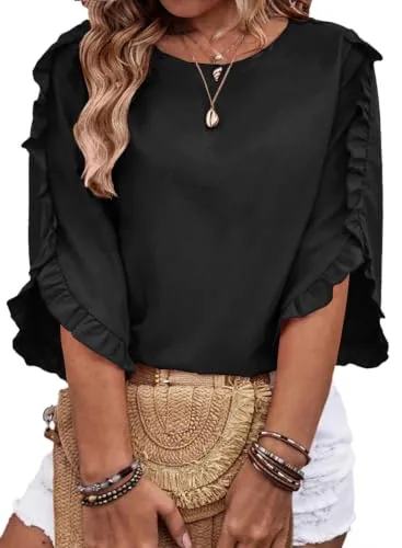 Crew Neck 3/4 Sleeve Blouse, Black