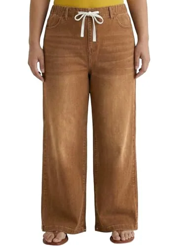 Elastic Waist Wide Leg Jeans, Brown
