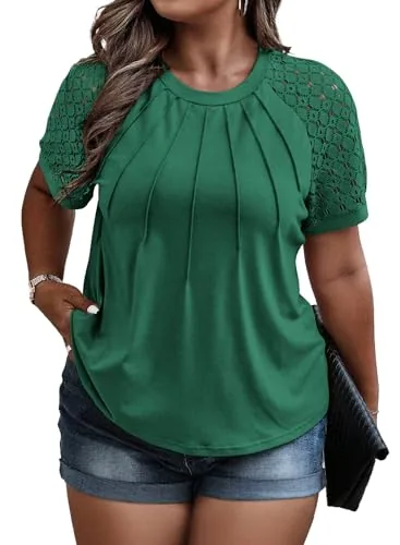 Lace Crew Neck Puff Sleeve Tee, Blackish Green