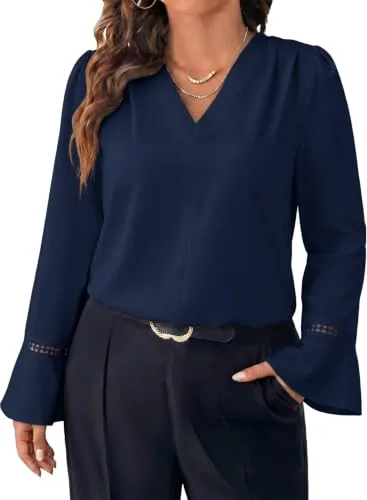 V Neck Long Sleeve Blouse II, Navy Blue