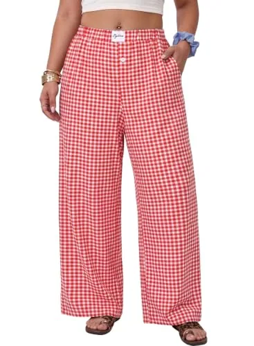 High Waist Pants V, Plaid Red