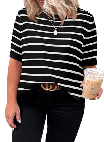 Striped Crew Neck Short Sleeve Pullover Sweater, White