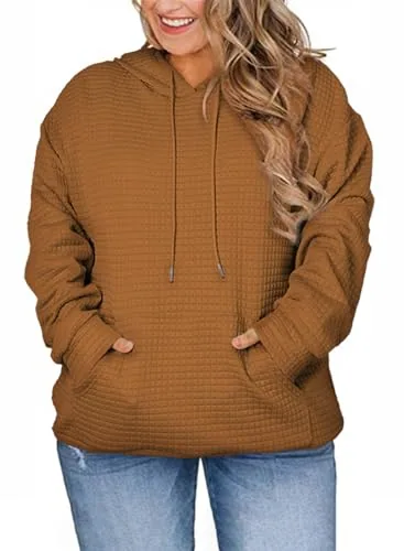 Waffle Knit Drawstring Hoodie, Brown