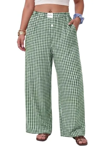 High Waist Pants V, Plaid Green