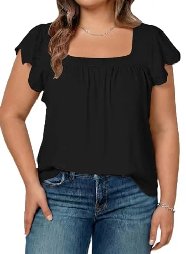 Square Neck Short Sleeve Loose Blouse, Black