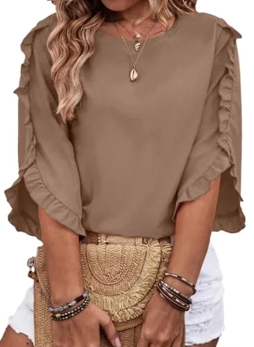 Crew Neck 3/4 Sleeve Blouse, Brown
