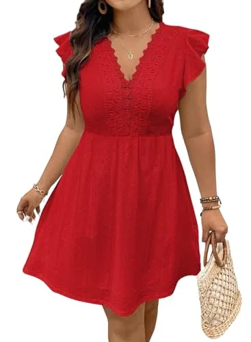 Lace V Neck Ruffle Sleeve Mini Dress, Red