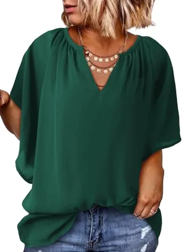 Chiffon V Neck Short Sleeve Loose Blouse II, Blackish Green