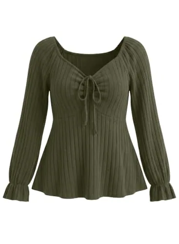 V Neck Long Sleeve Drawstring Shirt, Green