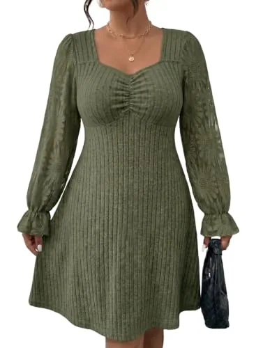 Square Neck Long Sleeve Dress, Green