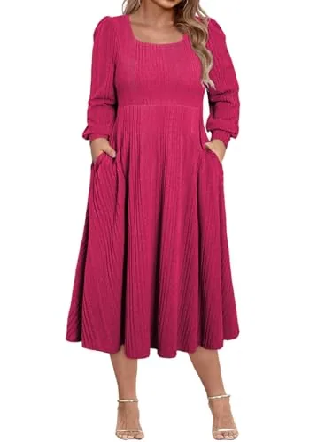 Square Neck Long Sleeve Sweater Dress, Rose Red