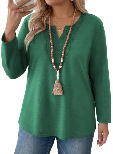 Lace V Neck Long Sleeve Tunic, Dark Green