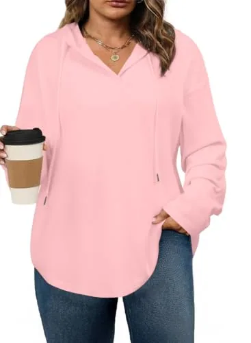 Drawstring V Neck Long Sleeve Hoodie, Pink