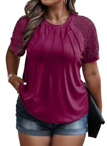 Lace Round Neck Short Sleeve Tee, Violet
