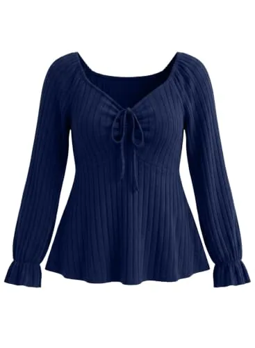 V Neck Long Sleeve Drawstring Shirt, Navy Blue