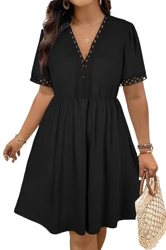 Lace V Neck Short Sleeve Mini Dress, Black