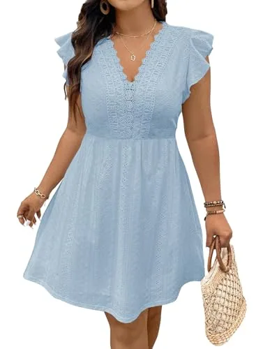 Lace V Neck Ruffle Sleeve Dress, Sky Blue