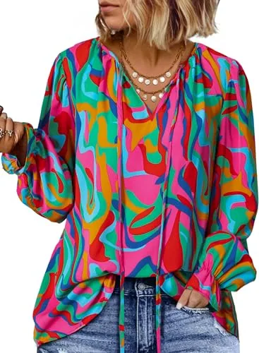 V Neck Long Sleeve Drawstring Blouse, Multicolor