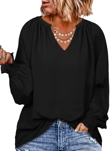 Chiffon V Neck Long Sleeve Smocked Top, Black