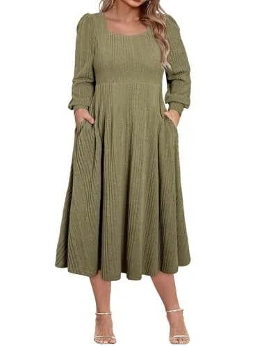 Square Neck Long Sleeve Flowy Midi Dress, Green