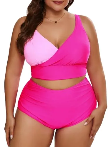 Colour Block High Waist Bikini Set, Bright Pink