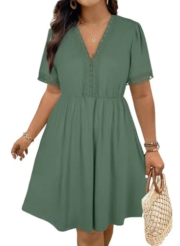 Lace V Neck Short Sleeve Mini Dress, Green