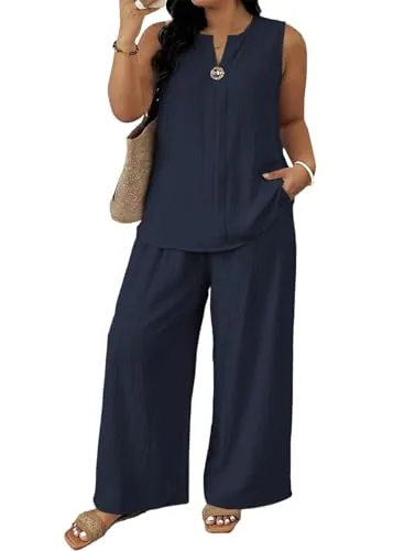 High Waist Wide Leg V Neck Sleeveless Lounge Set, Navy Blue