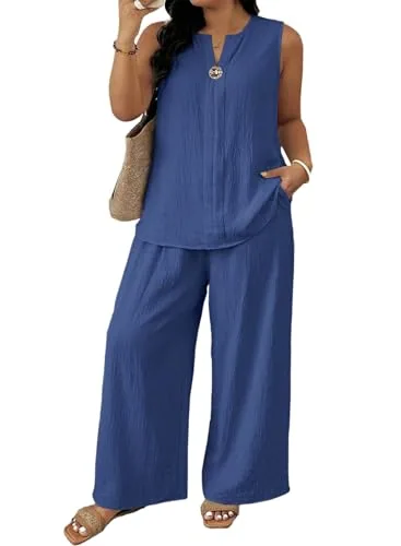 High Waist Wide Leg V Neck Sleeveless Two-Piece Set, Dark Blue