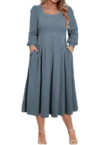 Square Neck Long Sleeve Sweater Dress, Stone Blue