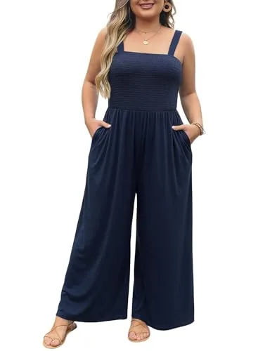 Square Neck Sleeveless Loose Smocked Romper, Navy Blue