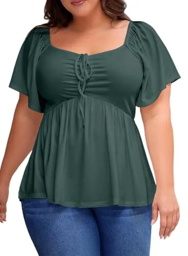 Sweetheart Neck Short Sleeve Smocked Peplum Top, Sea Green