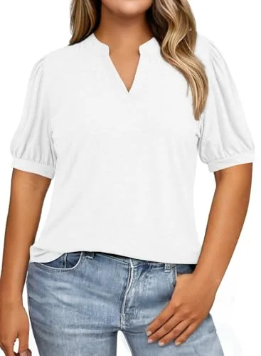 V Neck Short Sleeve Loose Tee, White