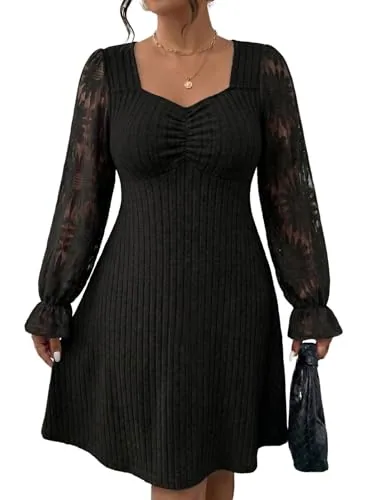 Square Neck Long Sleeve Dress, Black