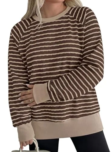 Striped Crew Neck Long Sleeve Sweatshirt, Brown