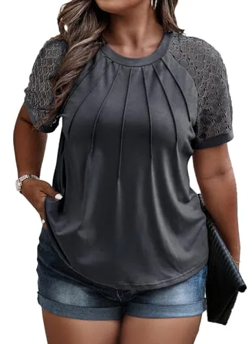 Lace Crew Neck Puff Sleeve Tee, Dark Grey