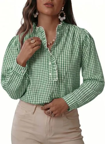 Plaid Collared Long Sleeve Top, Bright Green