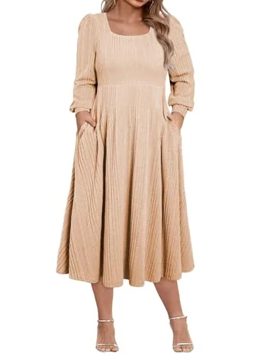 Ribbed Knit Square Neck Long Sleeve Sweater Dress, Khaki