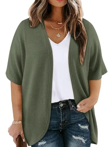 Waffle Knit Short Sleeve Kimono Cardigan, Green
