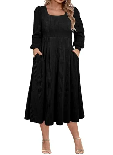 Square Neck Long Sleeve Sweater Dress, Black