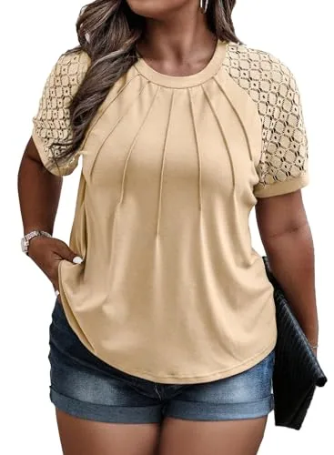 Lace Round Neck Short Sleeve Tee, Apricot