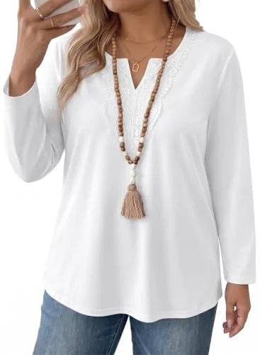 Lace V Neck Long Sleeve Tunic, White