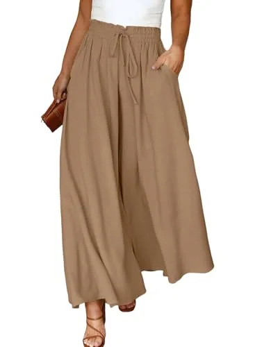 Elastic Waist Flowy Wide Leg Pants, Light French Beige