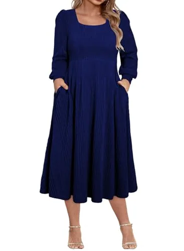 Square Neck Long Sleeve Flowy Midi Dress, Navy Blue
