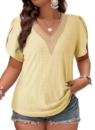 Lace V Neck Short Sleeve Dress, Yellow Cream