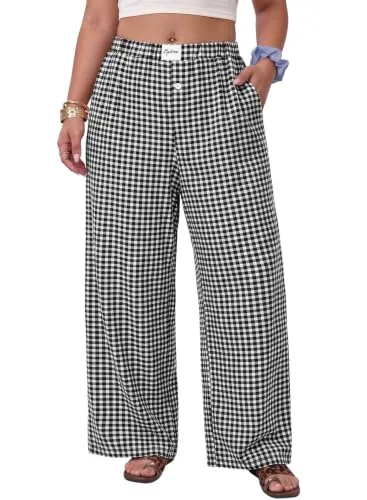 High Waist Pants V, Plaid Black