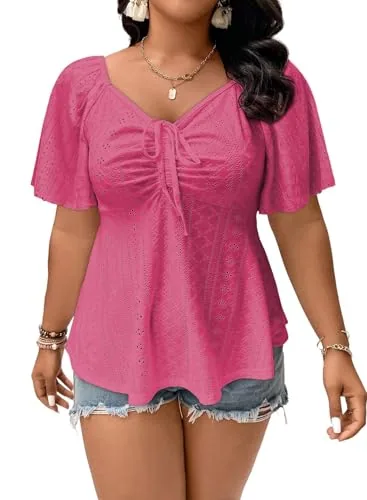Lace Sweetheart Neck Short Sleeve Peplum Top, Rose