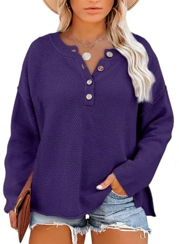 V Neck Long Sleeve Pullover Sweater, Kyoho Grape
