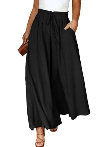 Elastic Waist Flowy Wide Leg Pants, Black