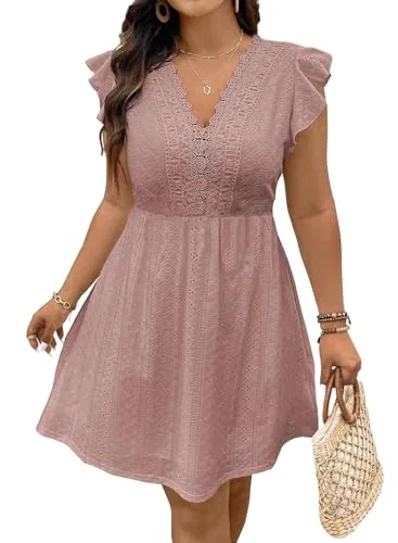 Lace V Neck Cap Sleeve Mini Dress, Pink