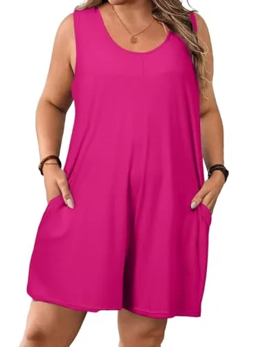 Crew Neck Sleeveless Loose Romper, Rose Red